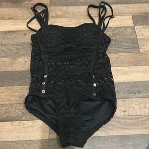 Black One Piece Knit Crochet Boho Swimsuit Size 2